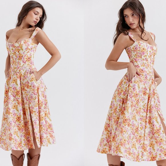 HOUSE OF CB 'Saira' Ivory Floral Midi Sundress NWOT - Picture 1 of 8